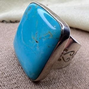 Large genuine square turquoise, hallmarked DTR China, 925 ring size 6